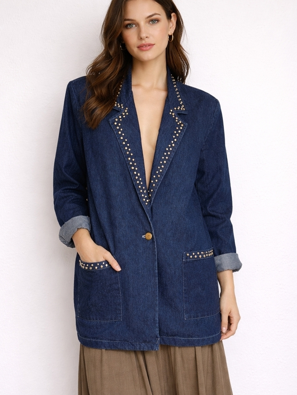 HUNTERS RUN 1980s Oversized Studded Denim Blazer Jacket